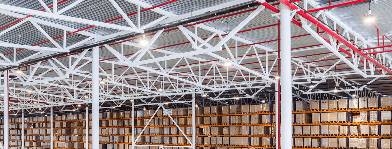 High-rack warehouse ceiling with ESFR sprinklers protecting storage without in-rack piping