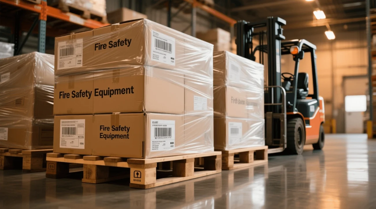 Seaworthy packaging for fire fighting equipment pallets ready for international shipping