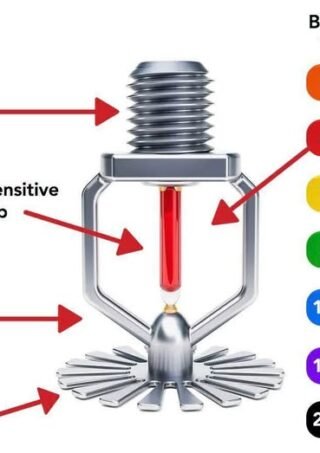 Close-up of a fire sprinkler head showing the temperature rating stamped on the brass frame