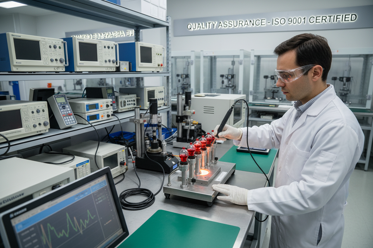 Hengdun fire sprinkler manufacturer testing thermal bulb sensitivity in quality control lab