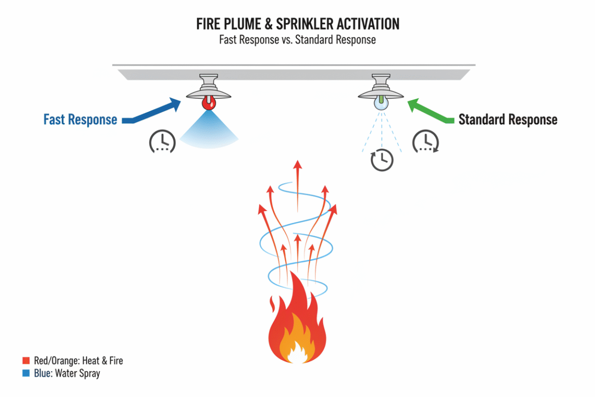 Infographic illustrating the difference in activation time between fast and standard response sprinklers