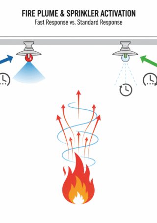 Infographic illustrating the difference in activation time between fast and standard response sprinklers