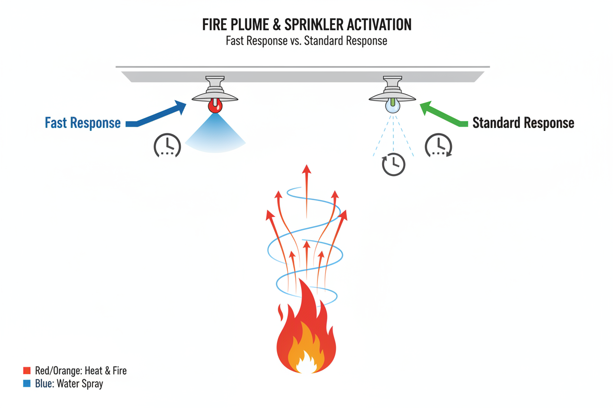 Infographic illustrating the difference in activation time between fast and standard response sprinklers