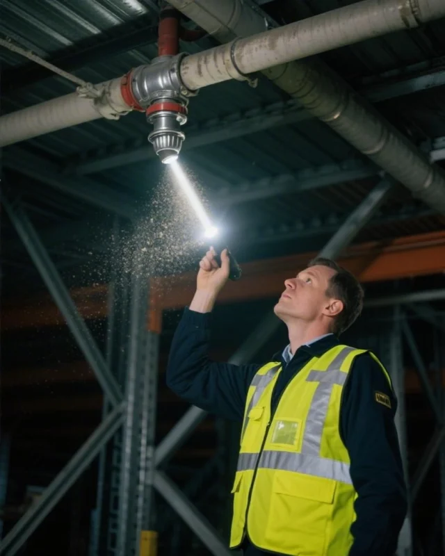 Professional technician conducting a fire sprinkler safety inspection