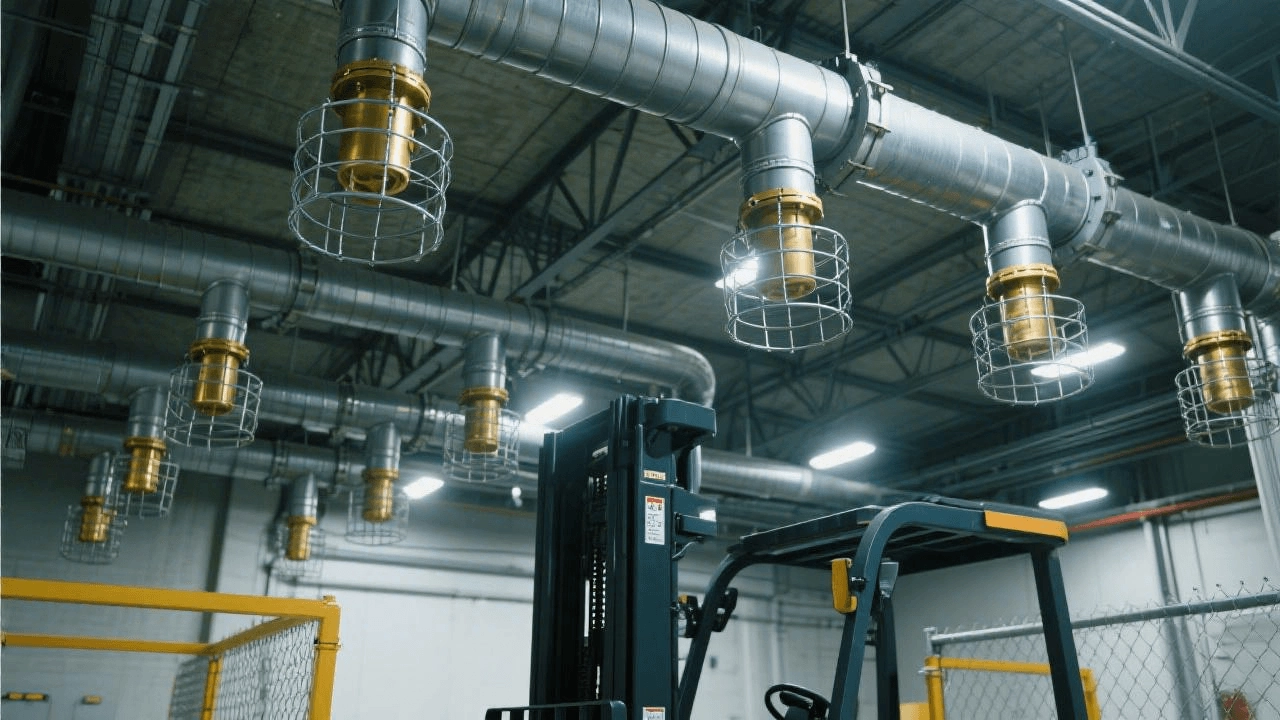 Sprinkler guards installed in a warehouse environment to prevent forklift damage