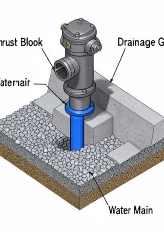 Technical diagram showing fire hydrant installation with thrust block and drainage gravel