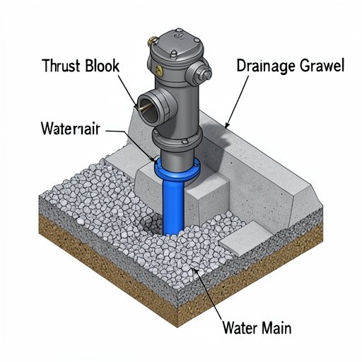 Technical diagram showing fire hydrant installation with thrust block and drainage gravel