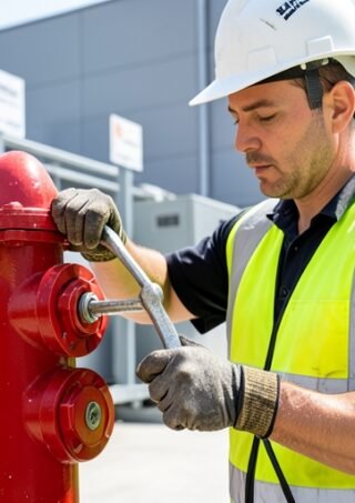 Professional technician performing annual maintenance on a red fire hydrant
