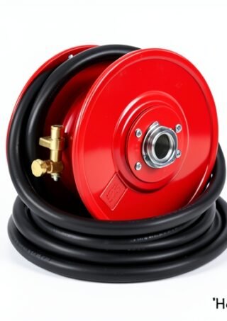 High-quality red fire hose reel with rubber-lined hose and brass nozzle